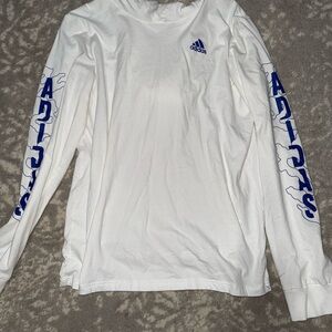 Adidas White Shirt with Blue Sleeve Graphics
